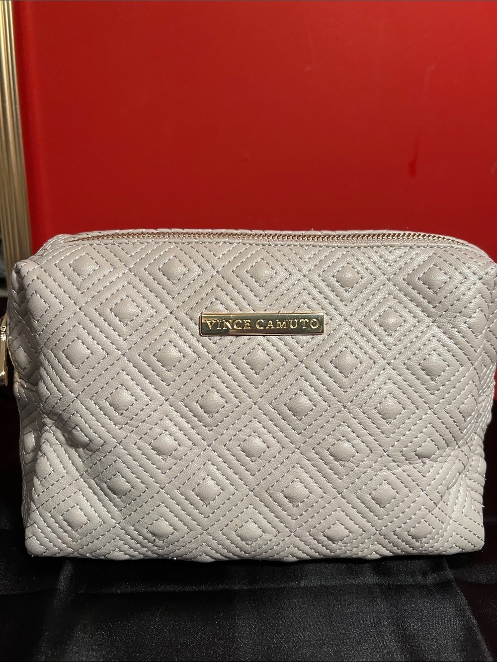Vince Camuto Quilted Cream Makeup Pouch with Gold Logo